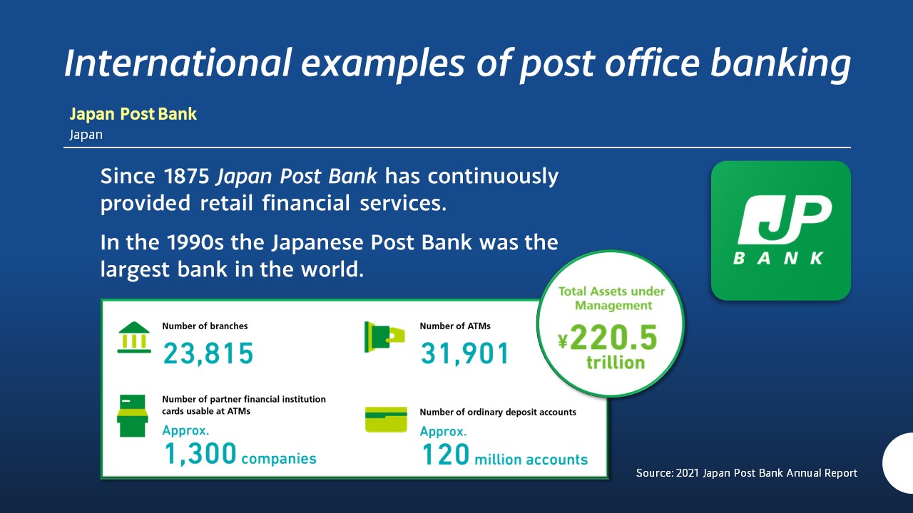 Since 1875 Japan Post Bank has continuously provided retail financial services.
