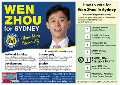 How to Vote - Wen Zhou - Citizens Party - SYDNEY - Election 2022