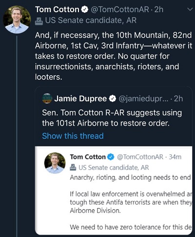 Tom Cotton USA riots tweet