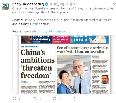 Henry Jackson Society tweet claiming credit for Hastie's attack on China.
